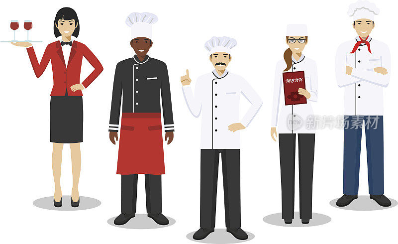 Restaurant team concept. Group of people characters: head chef, cooks, sommelier and waitress in different uniform and positions in flat style isolated on white background. Vector illustration